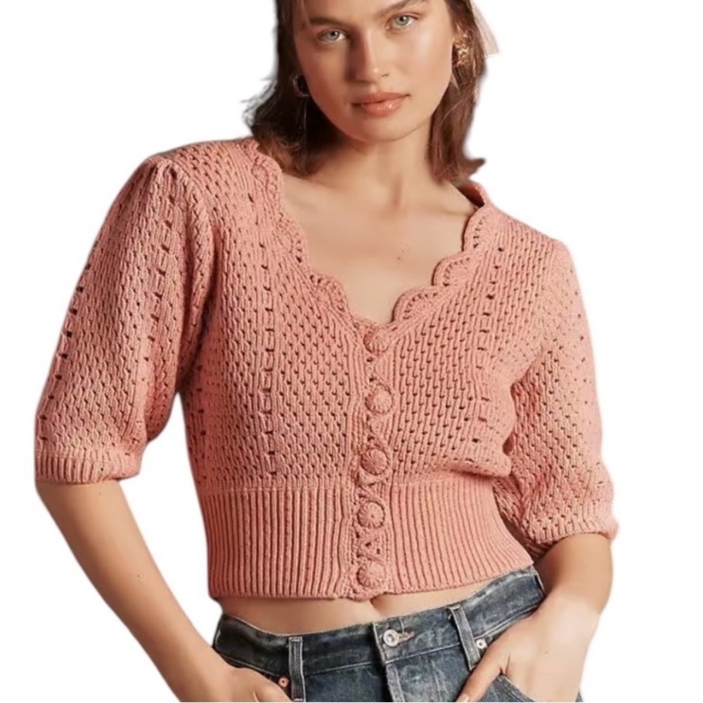 English Factory Pink Cottagecore Crochet Knit Cropped Cardigan Size XS